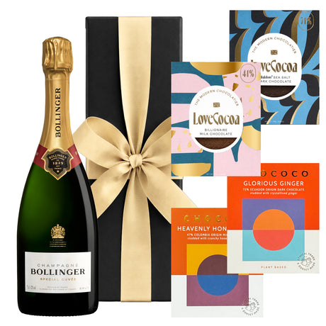 Bollinger Special Cuvée Champagne and artisan chocolate in a black gift box with hand-tied ribbon.
