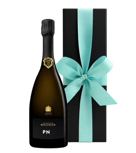 Bollinger champagne bottle with a black gift box featuring a turquoise ribbon on a white background
