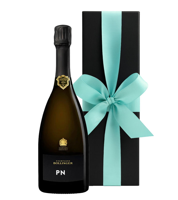 Bollinger champagne bottle with a black gift box featuring a turquoise ribbon on a white background