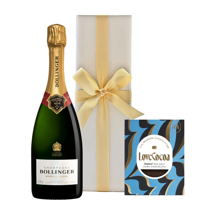 Bollinger Special Cuvée Champagne in White Gift Box with Artisan Chocolate - The Fulham Wine Company