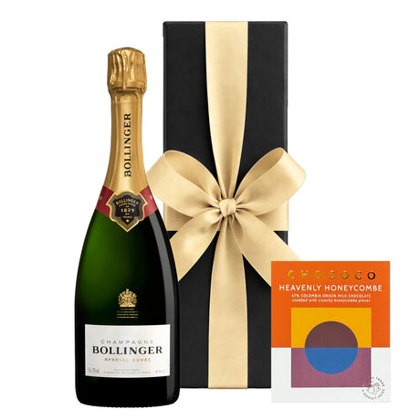 Bollinger Special Cuvée Champagne with a Chococo Heavenly Honeycombe milk chocolate bar in a black gift box with hand-tied ribbon.