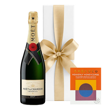 Moët Brut Impérial Champagne with a Chococo Heavenly Honeycombe milk chocolate bar in a white gift box with hand-tied ribbon.