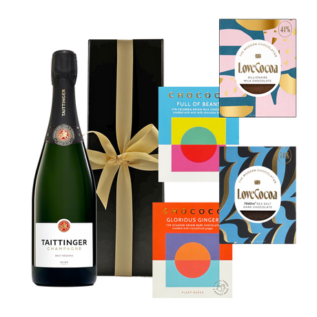 Taittinger Brut Réserve Champagne in Black Gift Box with Artisan Chocolate - The Fulham Wine Company