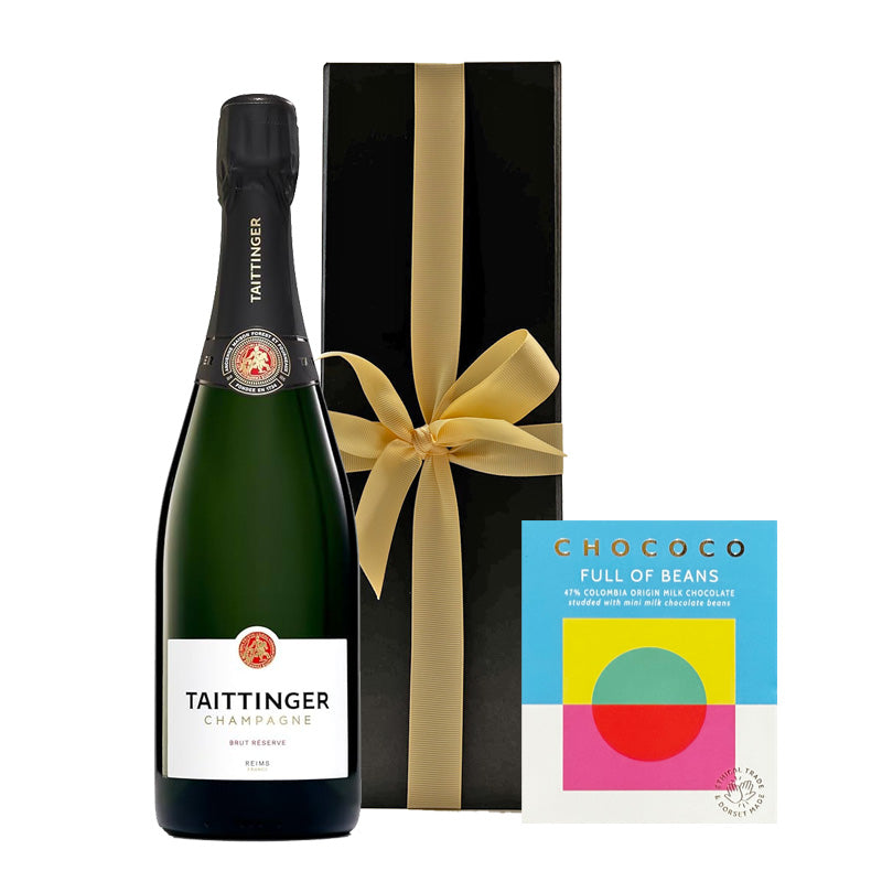 Taittinger Brut Réserve Champagne in Black Gift Box with Artisan Chocolate - The Fulham Wine Company