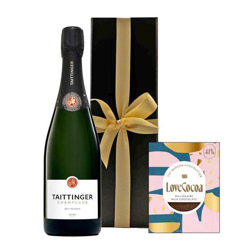Taittinger Brut Réserve Champagne in Black Gift Box with Artisan Chocolate - The Fulham Wine Company