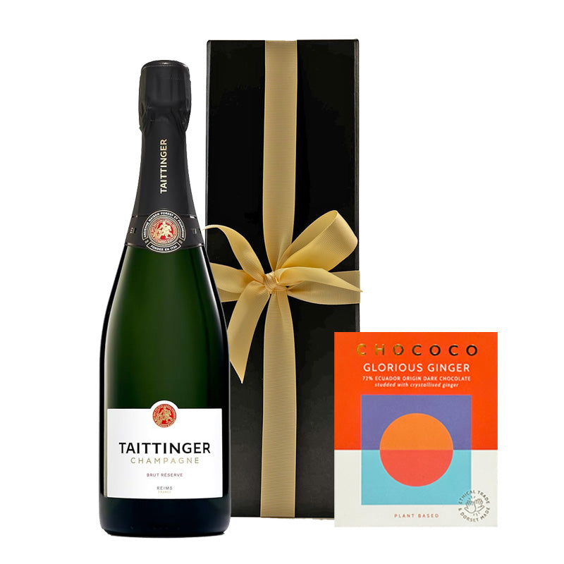 Taittinger Brut Réserve Champagne in Black Gift Box with Artisan Chocolate - The Fulham Wine Company