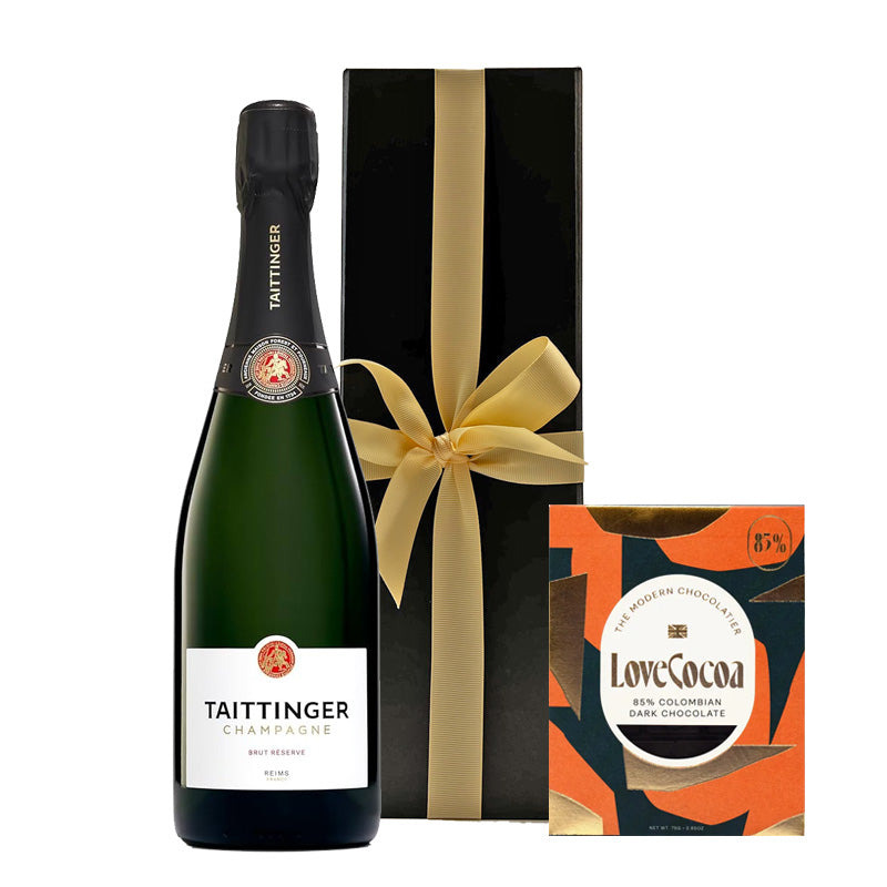 Taittinger Brut Réserve Champagne in Black Gift Box with Artisan Chocolate - The Fulham Wine Company