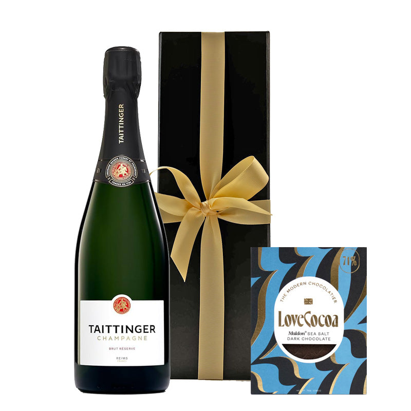 Taittinger Brut Réserve Champagne in Black Gift Box with Artisan Chocolate - The Fulham Wine Company