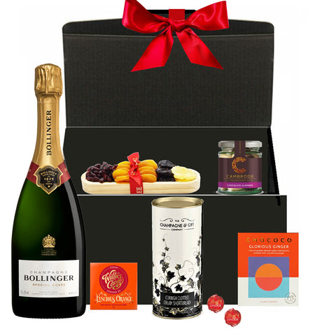 Bollinger Christmas hamper with festive chocolates and treats in a luxury gift box with bow