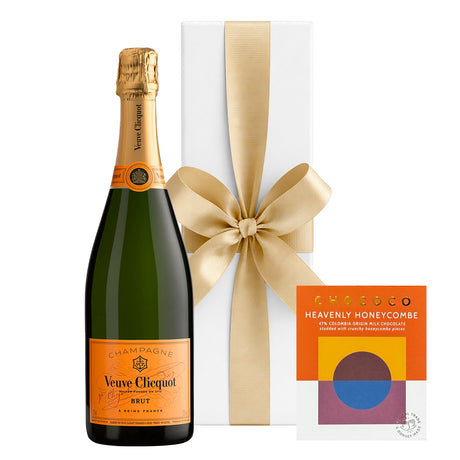 Veuve Clicquot Yellow Label Champagne with a Chococo Heavenly Honeycombe milk chocolate bar in a white gift box with hand-tied ribbon.