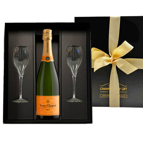 Veuve Clicquot & Flutes Gift Set - Yellow Label Brut Champagne in Luxury Black Presentation Box - The Fulham Wine Company
