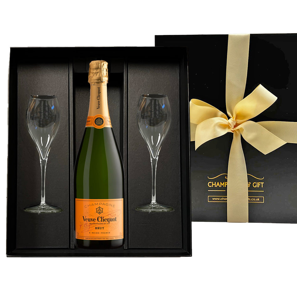 Veuve Clicquot & Flutes Gift Set - Yellow Label Brut Champagne in Luxury Black Presentation Box - The Fulham Wine Company