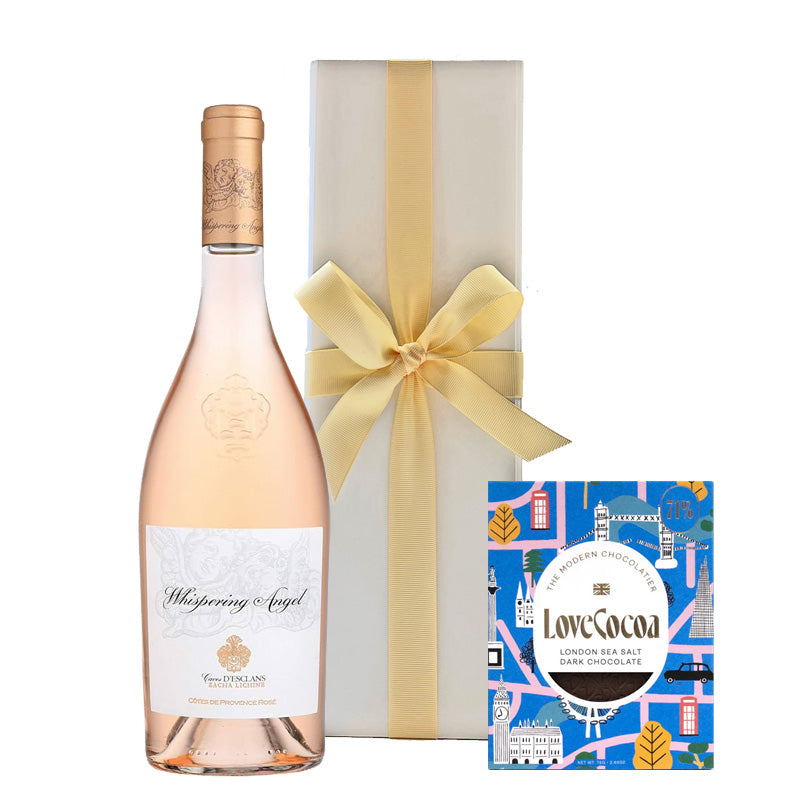 Whispering Angel in White Presentation Box - with London Edition Sea Salt Chocolate Bar - The Fulham Wine Company