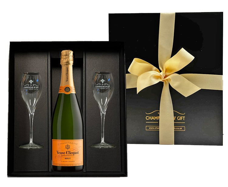 Veuve Clicquot & Flutes Gift Set - Yellow Label Brut Champagne in Luxury Black Presentation Box - The Fulham Wine Company